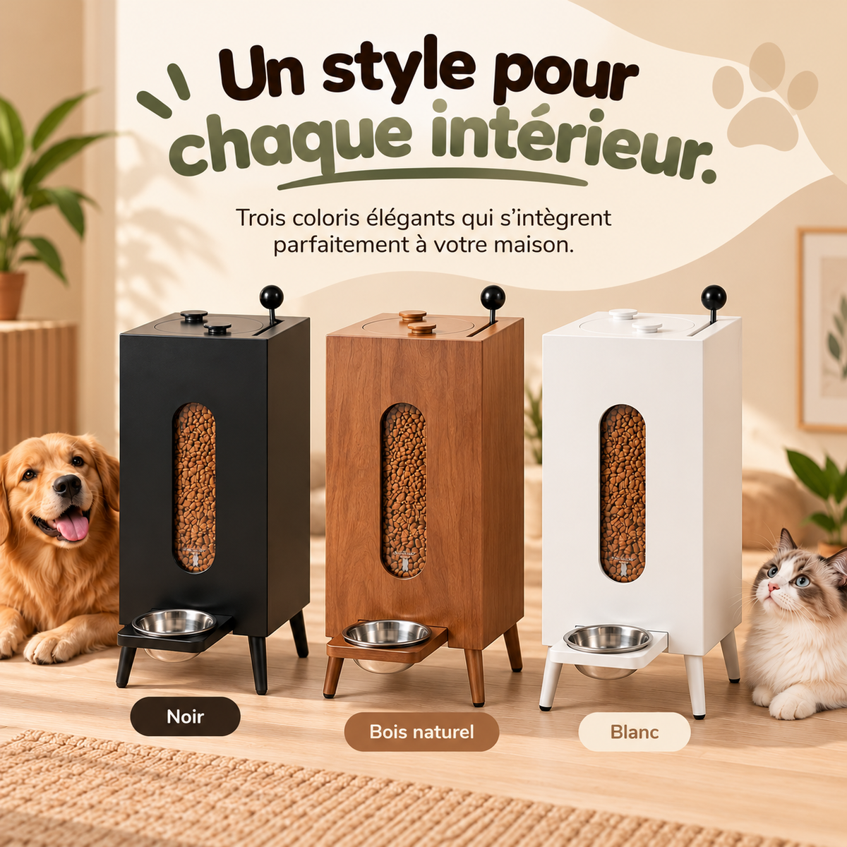 Distributeur de croquettes en bois en 3 coloris : noir, marron et blanc