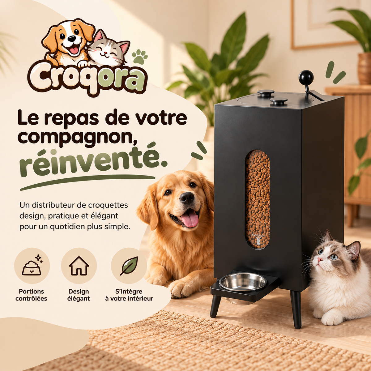 Distributeur de croquettes Croqora noir pour chien et chat, avec gamelle en métal