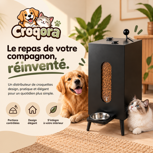 Distributeur de croquettes Croqora noir pour chien et chat, avec gamelle en métal