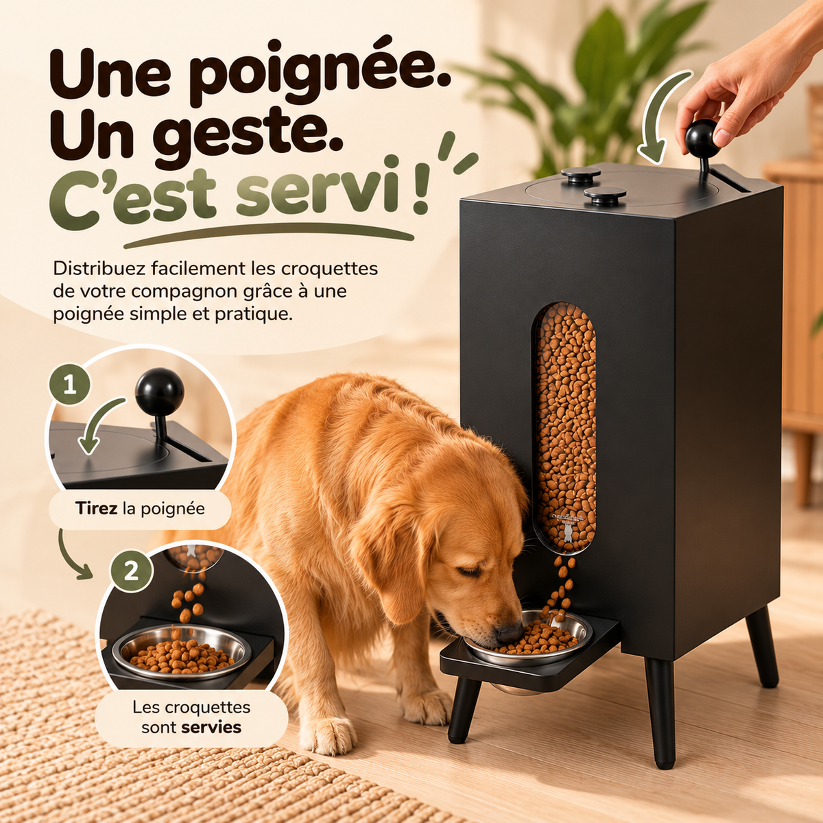Distributeur de croquettes à levier : un geste et la gamelle du chien est servie