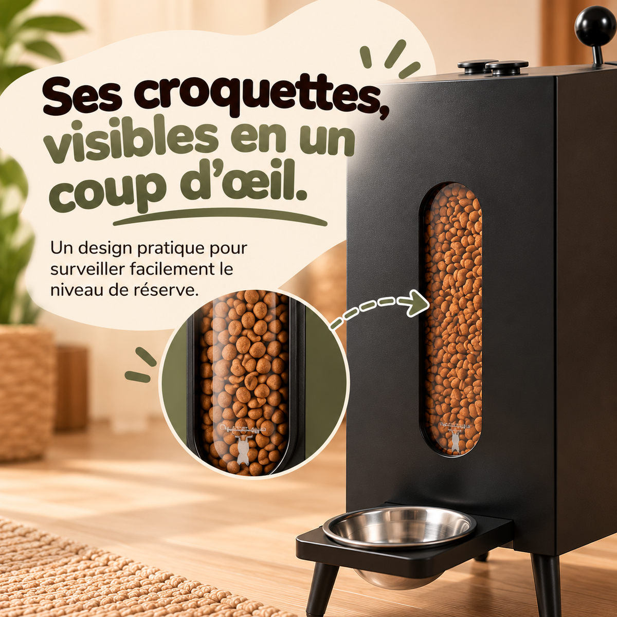 Réservoir à croquettes avec fenêtre pour voir le niveau